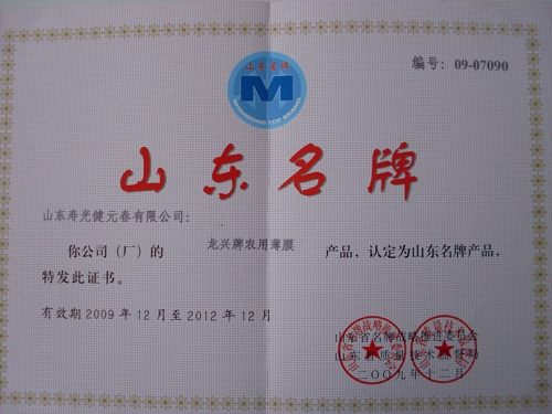 2009年龙兴农膜被认定为山东名牌产品